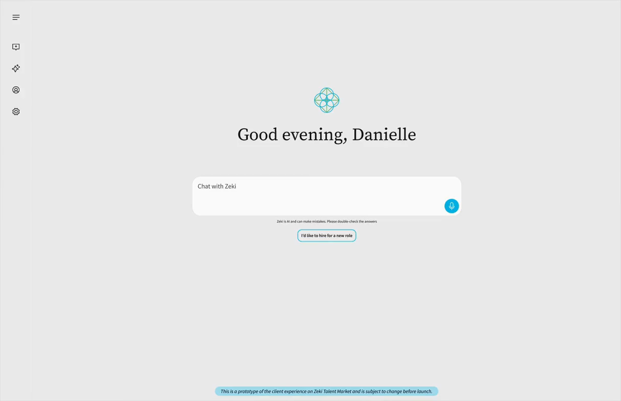 The Zeki Talent Market app showing a chat-style search interface.